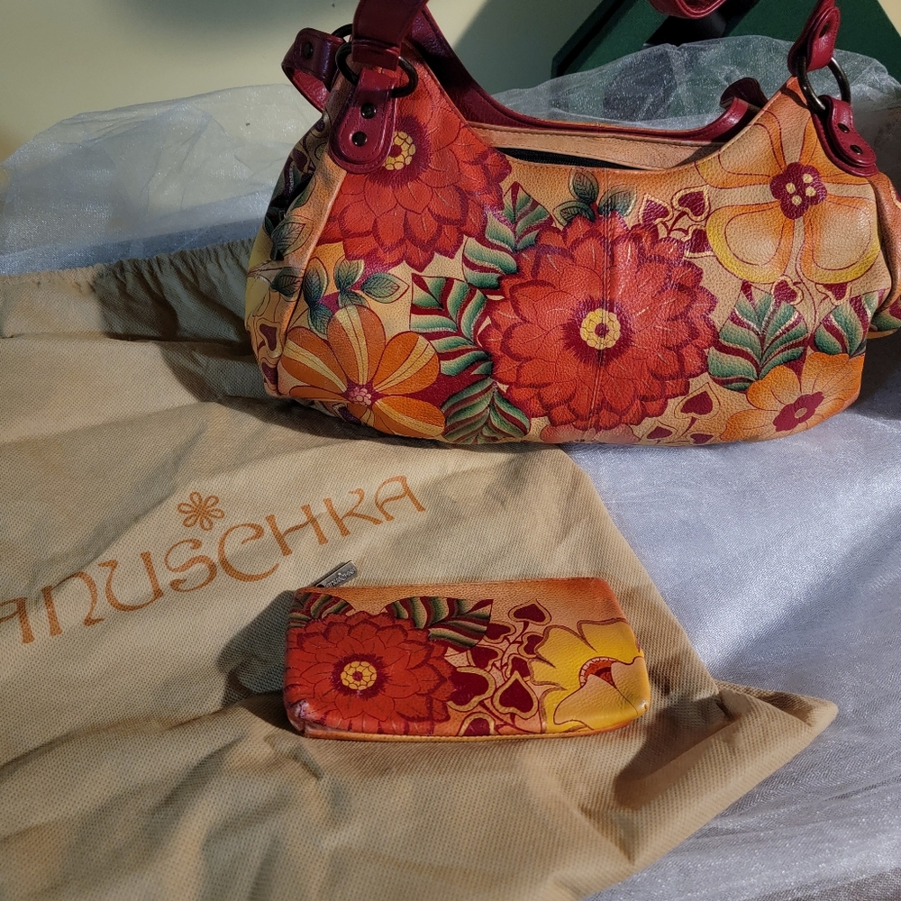 Anuschka hand painted leather satchel w makeup case